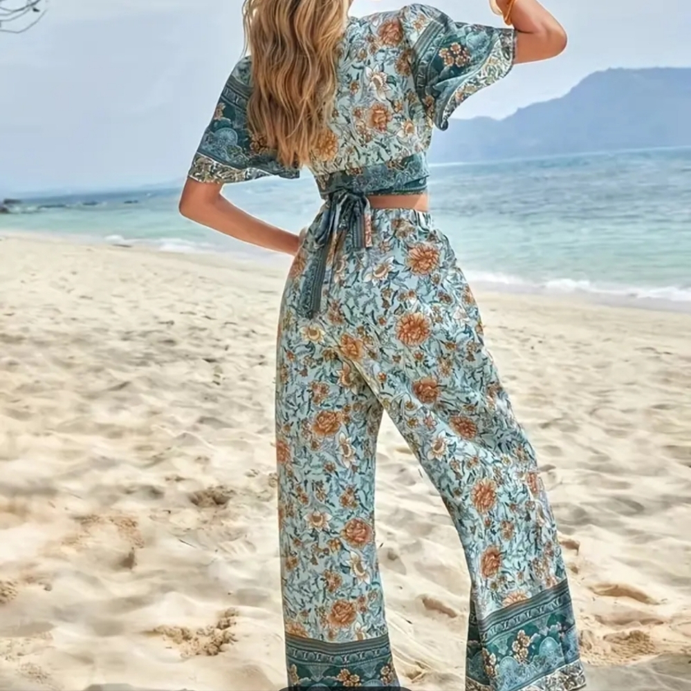 Boho Two Piece Set Blue Teal Floral Wide-Leg Pant Wrap Top - Picture 2 of 5